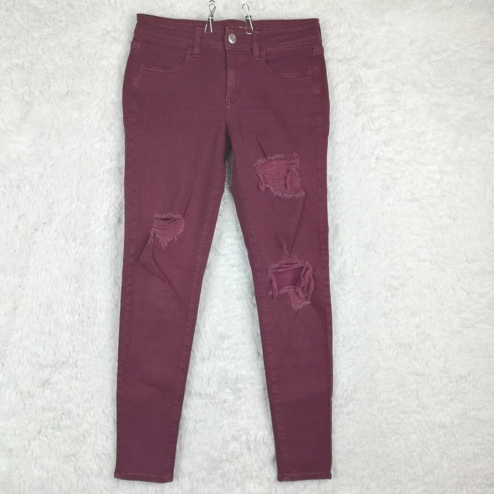 American Eagle Womens Jeans Jeggings Denim Super Stretch Burgundy Ripped 4